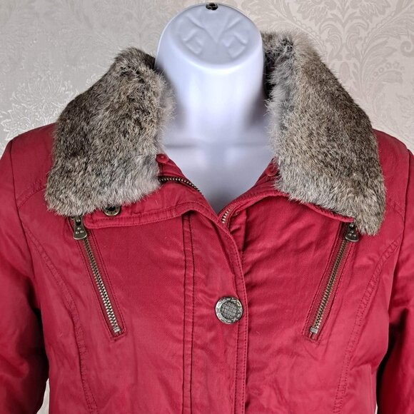 Hampsheer Size Medium Red Puffy Jacket Full Zip Detacheable Fur Collar EUC - Picture 2 of 16